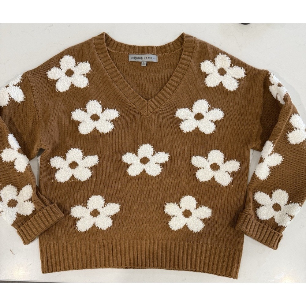 Absolutely Famous Sweater Womens Large Brown with White Flowers V Neck